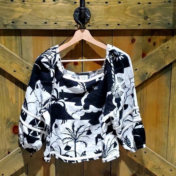 BLACK WHITE TROPICAL TOP 100% LINEN BELL SLEEVES ELASTIC SLEEVE HEMS - Picture 1 of 8